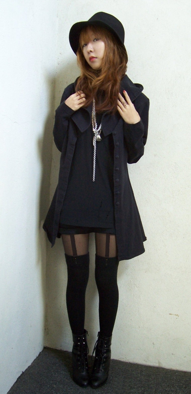 Auburn Asian Gothic Girl wearing Black Opaque Stockings on Black Sheer Pantyhose